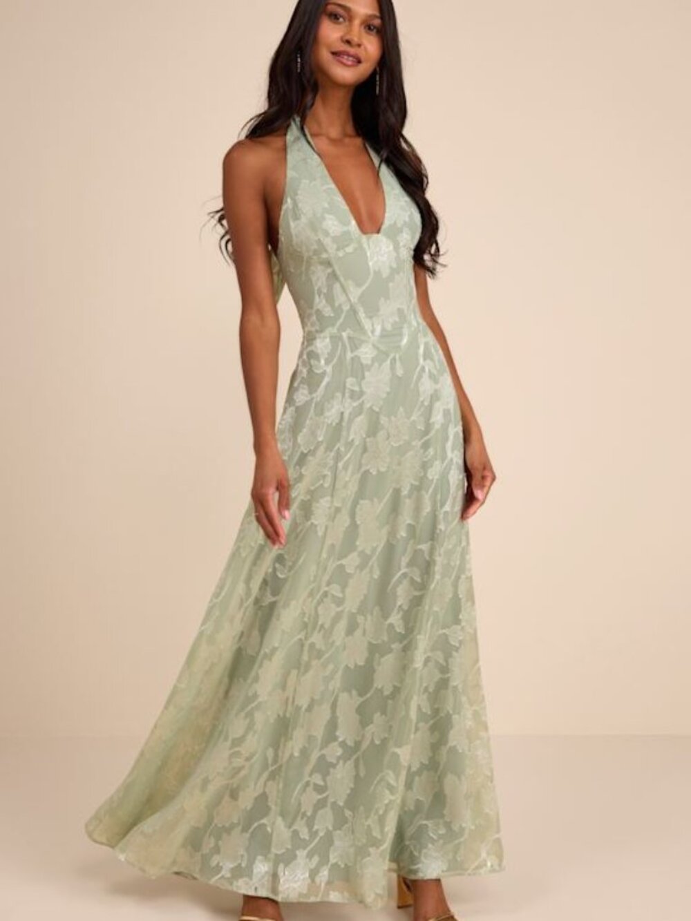 Lulus Maira Sage Floral Burnout Halter Maxi Dress Green - Size M - Picture 1 of 1